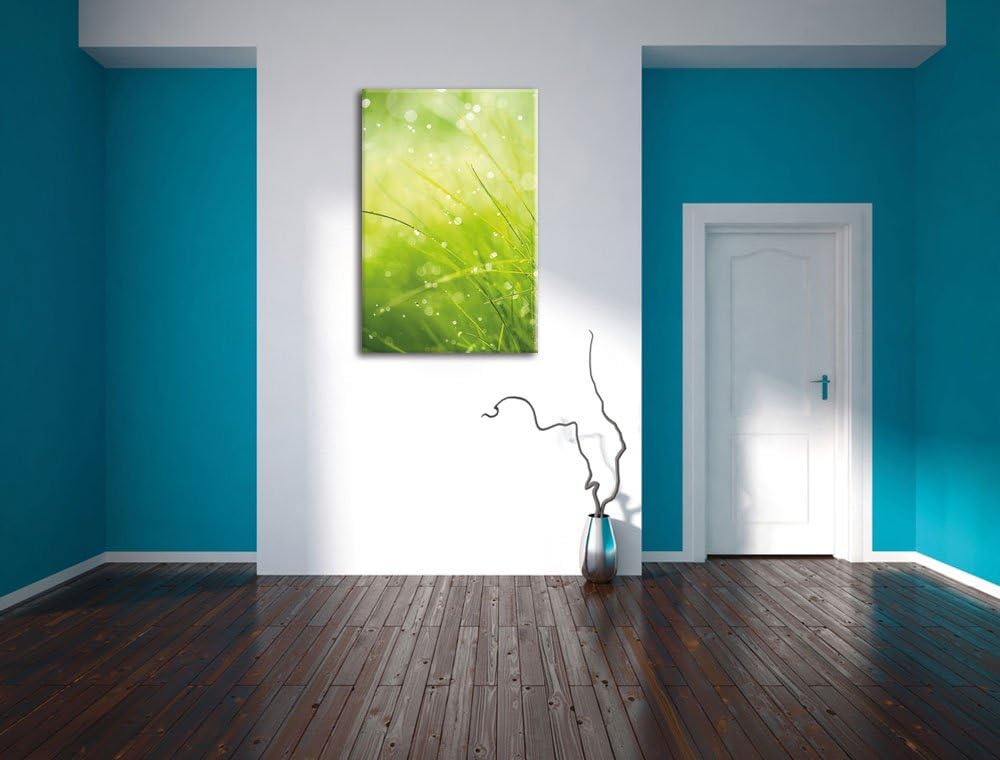 Pixxprint Nasses Gras, Format: 100x70 auf Leinwand, XXL riesige Bilder fertig gerahmt mit Keilrahmen