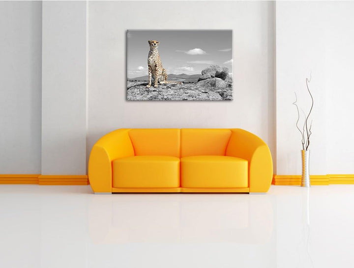 stolzer Gepard schwarz/weiss Format: 100x70 auf Leinwand, XXL riesige Bilder fertig gerahmt mit Keil