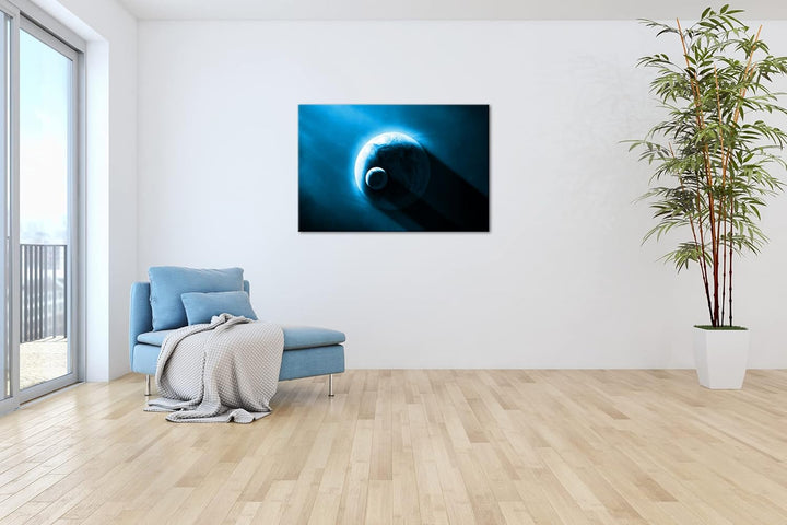 deyoli Dark Planet Erde mit Mond Format 80x60 Effekt: Monocrome Blau als Leinwandbild, Motiv fertig