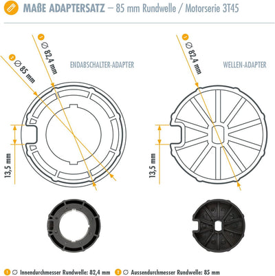 3T-MOTORS Funk-Markisenmotor 3T45-40R + HSE1 (Zugkraft 40 Nm/80 kg) für 85 mm Markisenwelle, zum Nac