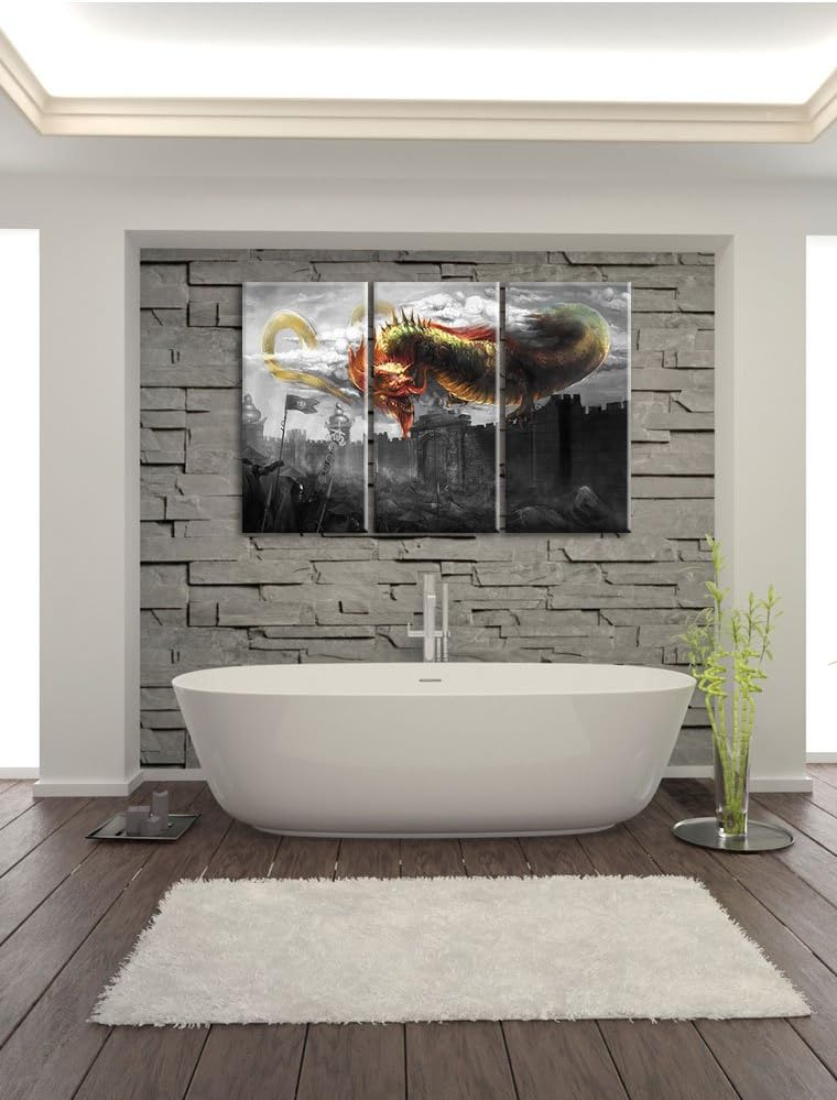 Pixxprint Drache über der Festung als Leinwandbild/Grösse: 3 Teilig (120x80 cm) cm/Wandbild/Kunstdru