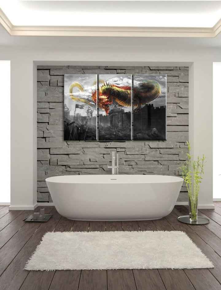 Pixxprint Drache über der Festung als Leinwandbild/Grösse: 3 Teilig (120x80 cm) cm/Wandbild/Kunstdru