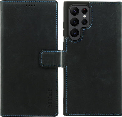 Suncase Book-Style Hülle kompatibel mit Samsung Galaxy S22 Ultra 5G Leder Tasche (Slim-Fit) Lederhül