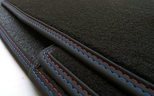 Fussmatten für BMW F30 F31 F80 M3 Premium Velours Automatten mit Doppelnaht Rot Blau 4-teilig Origin