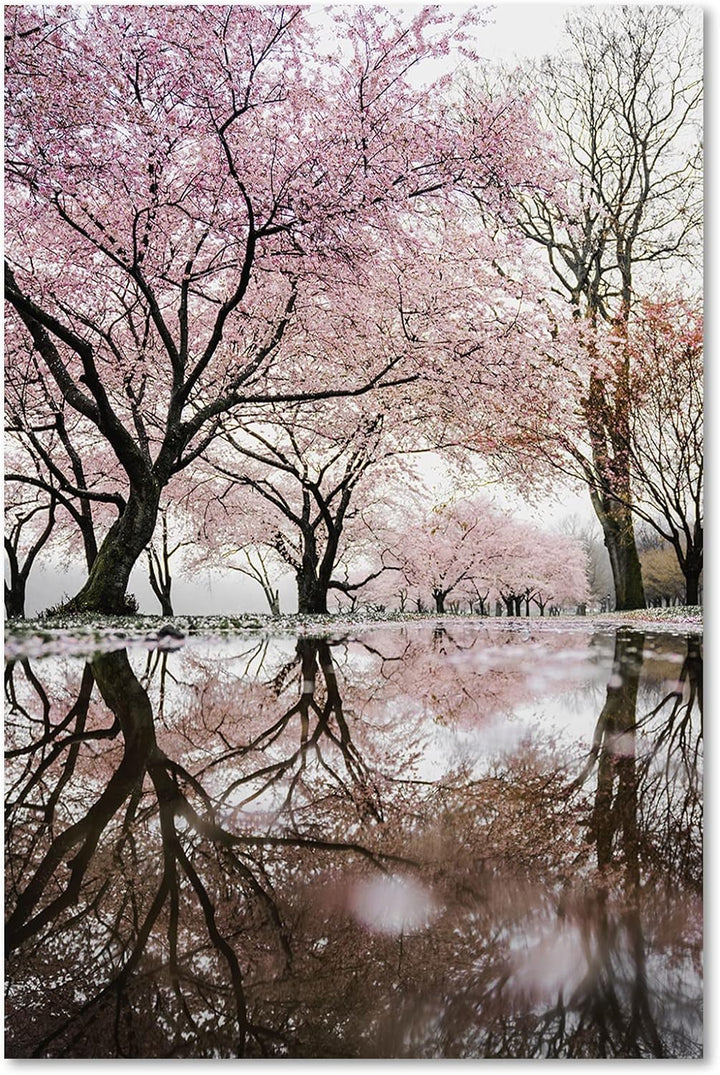 Feeby Vlies Leinwandbild Wasser Rosa Blumen Winterlandschaft 60x90 cm Druckbild Wandbild Wanddekorat