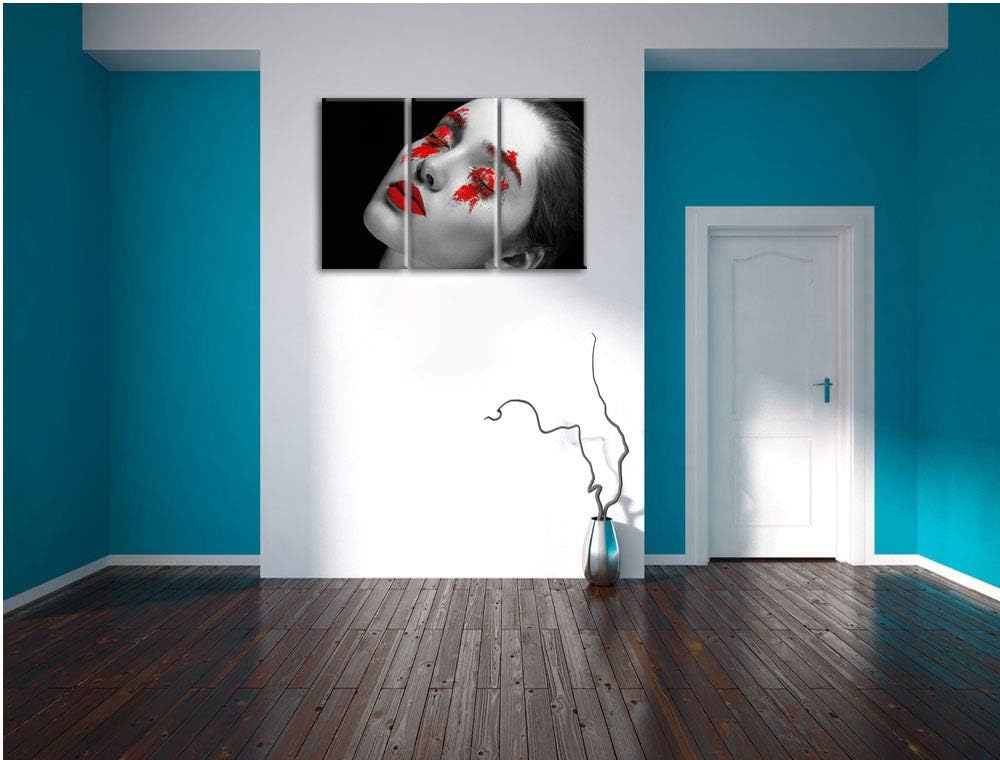 Frau mit roten Pulver auf Lippen und Augen schwarz/weiss 3-Teiler Leinwandbild 120x80 Bild auf Leinw