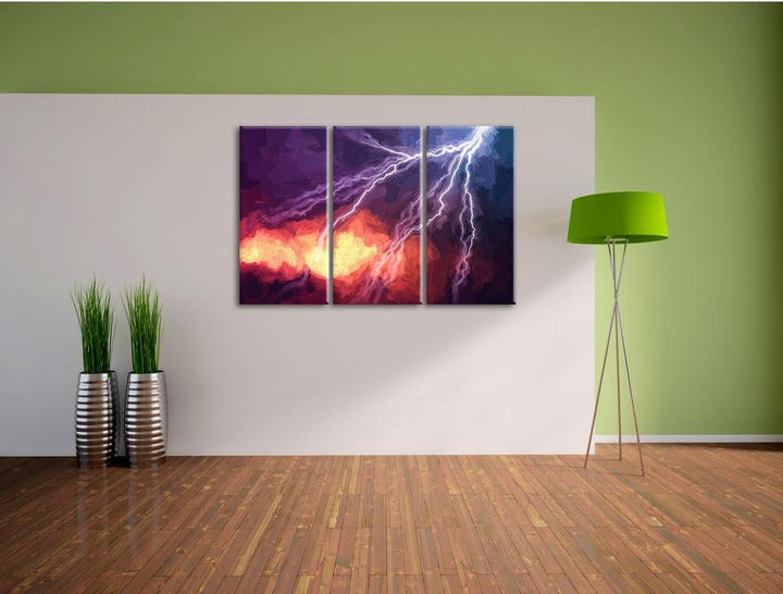 Pixxprint Blitze am Himmel Pinsel Effekt 3-Teiler Leinwandbild 120x80 Bild auf Leinwand