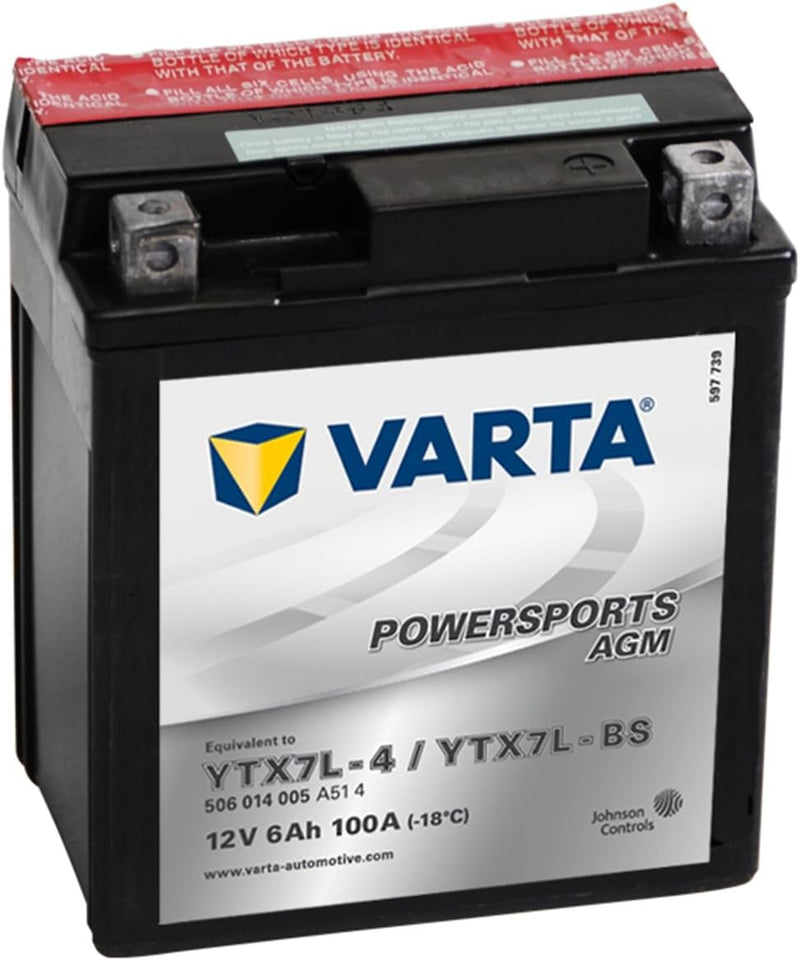 58009 Varta 506014005A514 Powersports AGM Motorradbatterie, 12 V, 6Ah, YTX7L-BS