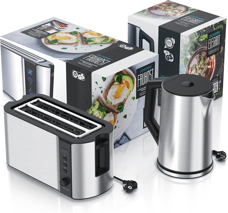 Arendo - Wasserkocher mit Toaster SET Edelstahl Silber, Wasserkocher 1,5L 40° 100°C Warmhaltefunktio