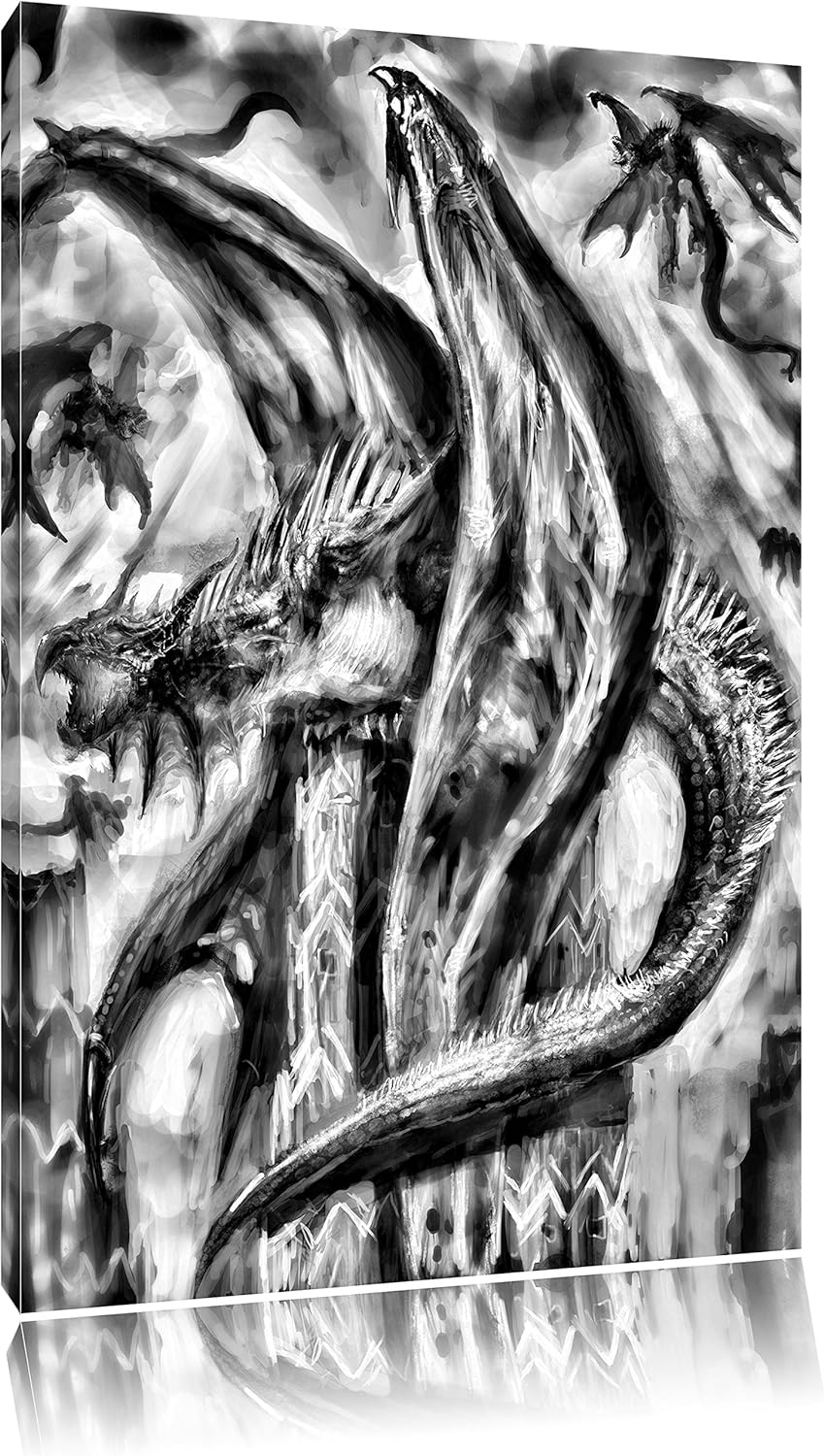 Monocrome, Dragons, Format: 100x70 auf Leinwand, XXL riesige Bilder fertig gerahmt mit Keilrahmen, K