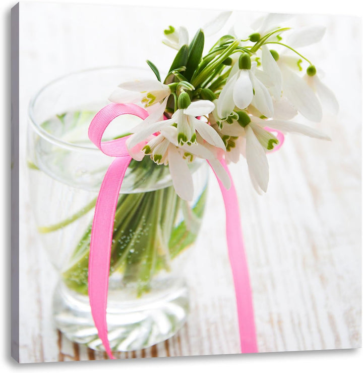 Pixxprint Schneeglöckchen mit rosa Band als Leinwandbild Quadratisch/Grösse: 70x70 / Wandbild/Kunstd