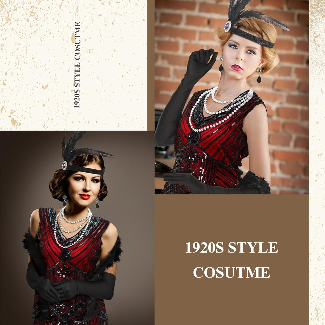 Blulu 9 Stück 1920er Jahre Damen Flapper Kleid Kostüm Set V Ausschnitt Pailletten Perlen Swing Frans