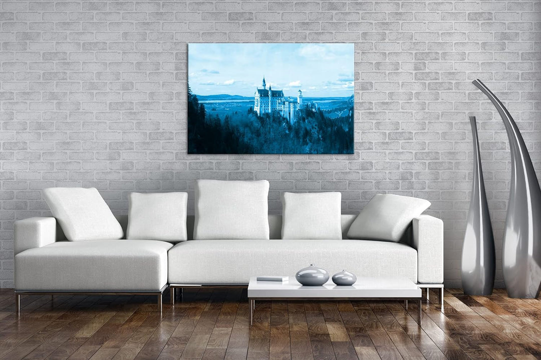 deyoli Burg Neuschwanstein Format 80x60 Effekt: Monocrome Blau als Leinwandbild, Motiv fertig gerahm