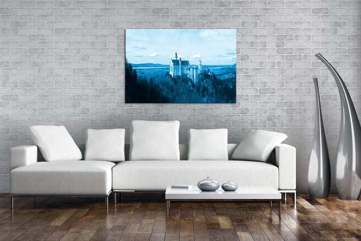 deyoli Burg Neuschwanstein Format 80x60 Effekt: Monocrome Blau als Leinwandbild, Motiv fertig gerahm