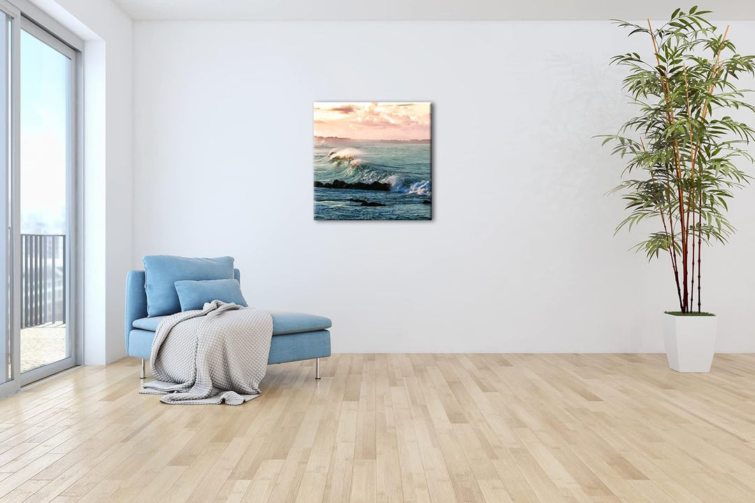 zauberhafte Wellen an der Küste Format: 70x70 als Leinwandbild, Motiv fertig gerahmt auf Echtholzrah