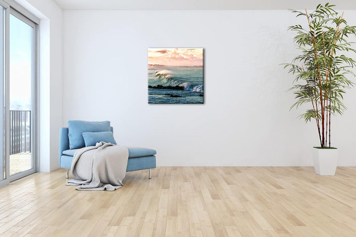 zauberhafte Wellen an der Küste Format: 70x70 als Leinwandbild, Motiv fertig gerahmt auf Echtholzrah