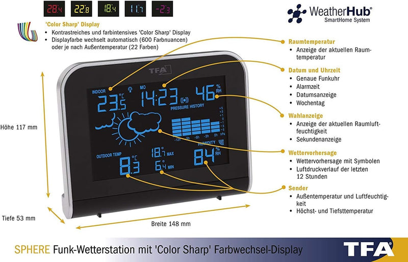 TFA 35.1148.01.IT Sphere Funk-Wetterstation mit Farbwechsel-Display (schwarz mit Batterien)