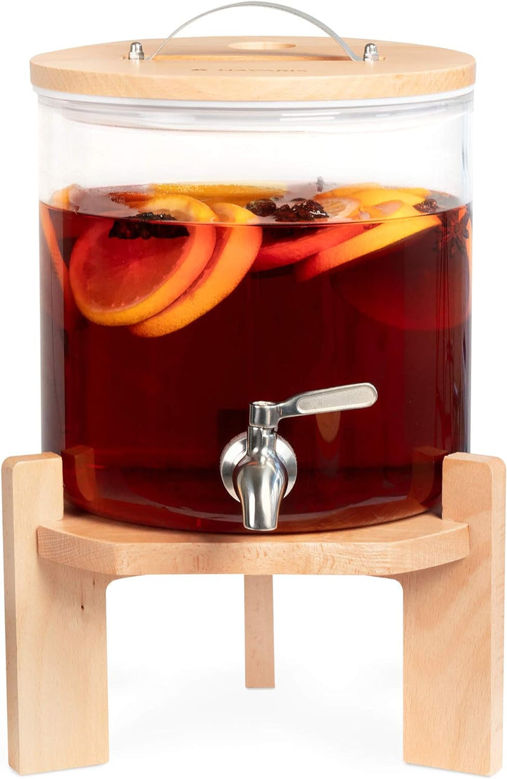 Navaris 5L Getränkespender mit Zapfhahn aus Edelstahl - Glas Wasserspender mit Stand aus Buchen Holz