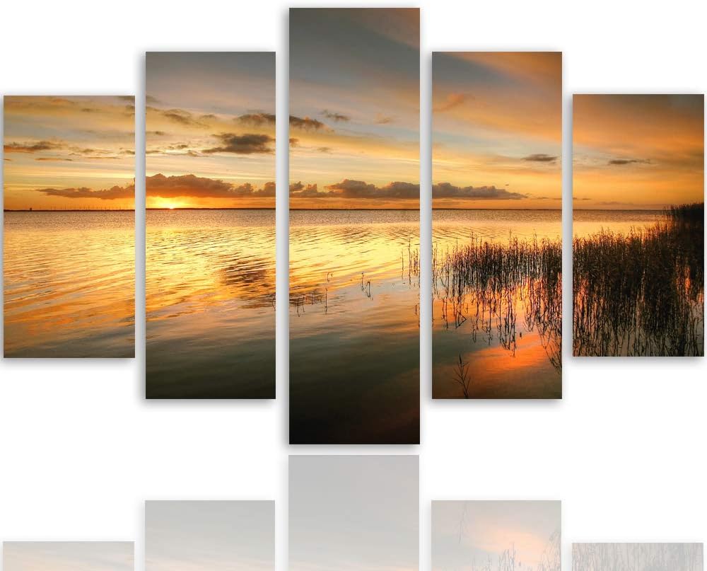 Feeby Wandbild Natur 200x100 cm Deco Panel 5 Teilig XXL Kunstdruck See Himmel orange Deco Panel XXL