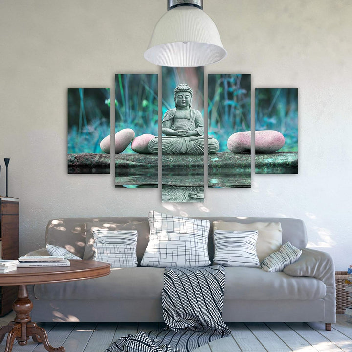 Feeby Leinwandbild 5 Teilig Buddha Bild Wanddeko Natur Wasser Steine Zen blau 150x100 cm Leinwandbil