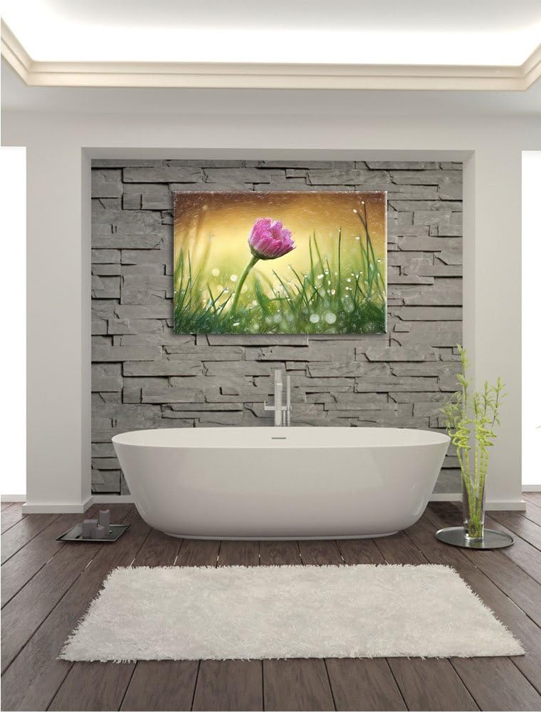 Pixxprint rosa Gänseblümchen im Gras Kunst Buntstift Effekt, Format: 100x70 auf Leinwand, 100x70