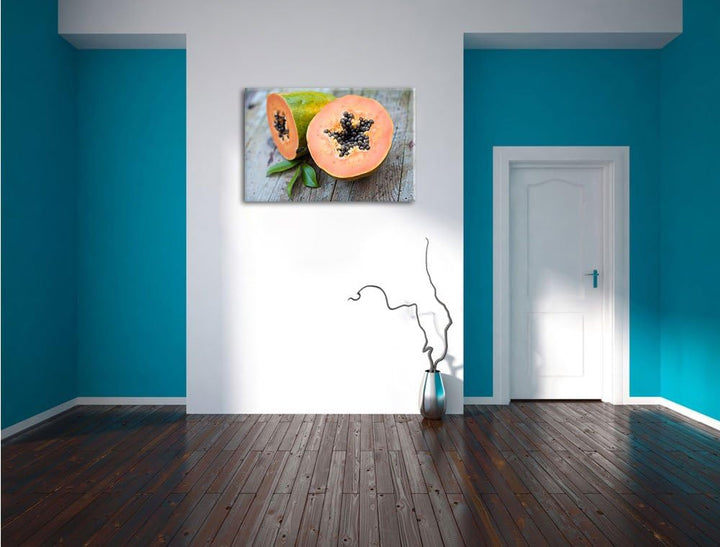 Pixxprint Genüssliche Papaya aufgeschnitten als Leinwandbild/Grösse: 100x70 / Wandbild/Kunstdruck/fe