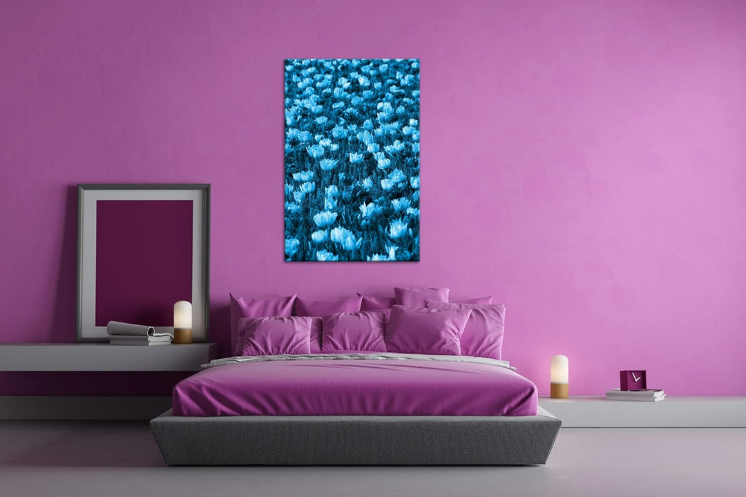 deyoli buntes Blumenfeld Format 80x60 Effekt: Monocrome Blau als Leinwandbild, Motiv fertig gerahmt