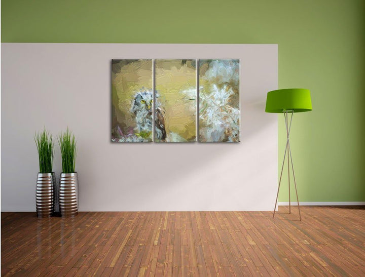 Pixxprint Kleiner Kauz auf AST / 3-Teilig/Gesamtmass 120cm Leinwandbild bespannt auf Holzrahmen/Wand