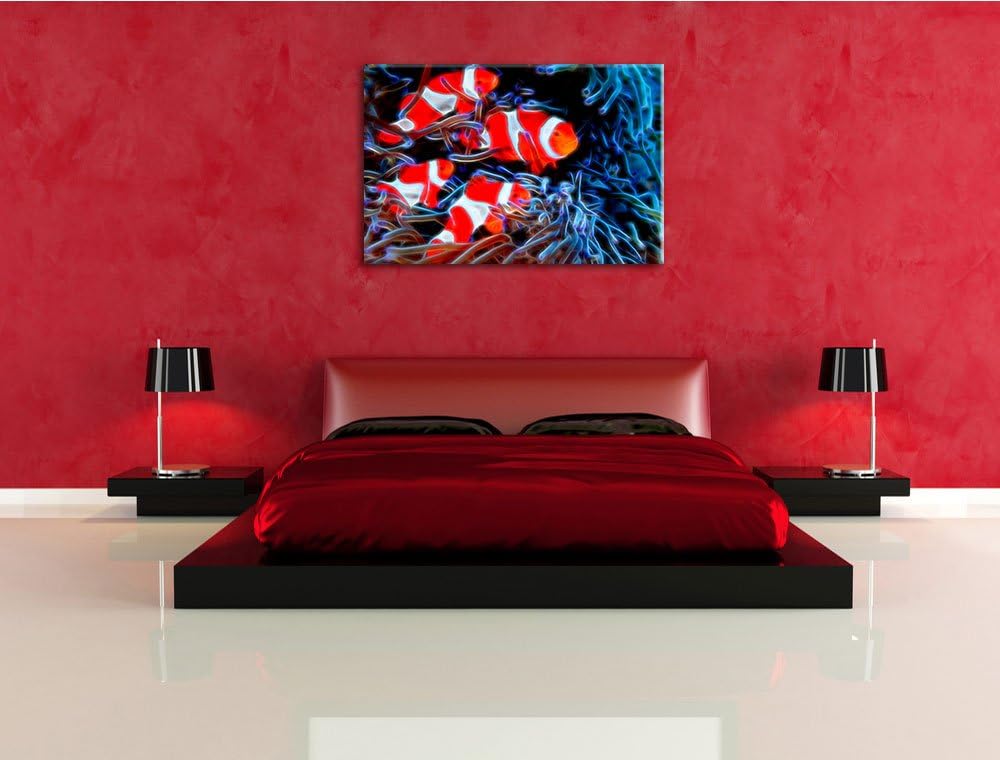 Clownfische in Anemone Deluxe Format: 100x70 cm auf Leinwand, XXL riesige Bilder fertig gerahmt mit