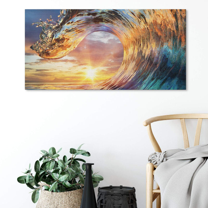 PICANOVA – Bild auf Leinwand Wellen-Sonnenuntergang 100x50cm – Leinwandbild – Premium Leinwanddruck