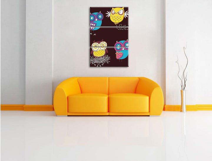 Pixxprint Verrückte Eulen für Kinder als Leinwandbild/Grösse: 3 Teilig (120x80) cm/Wandbild/Kunstdru