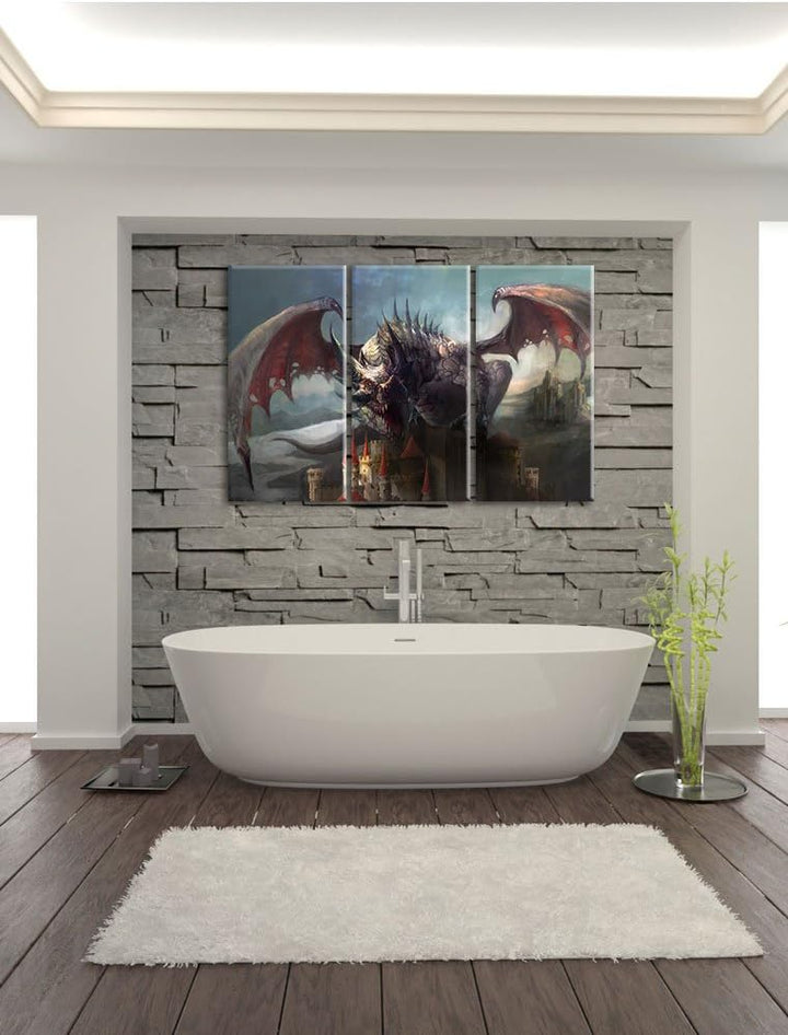 Pixxprint der Drache auf der Festung als Leinwandbild - Grösse: 3-Teilig (120x80cm) - Wandbild - Kun