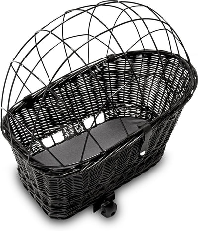 Tigana - Hundefahrradkorb für Gepäckträger aus Weide 56 x 36 cm Schwarz mit Metallgitter Tierkorb Hi