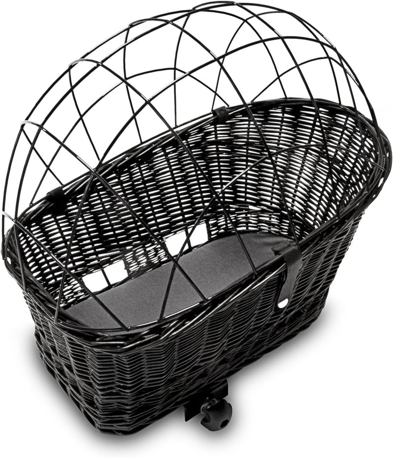 Tigana - Hundefahrradkorb für Gepäckträger aus Weide 56 x 36 cm Schwarz mit Metallgitter Tierkorb Hi