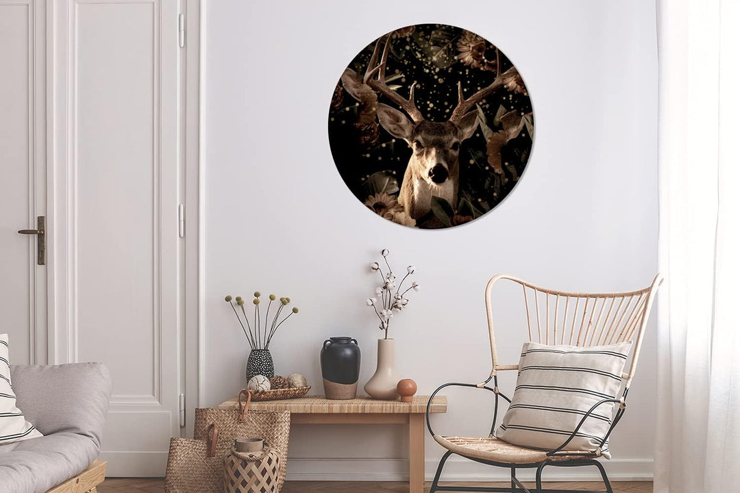 MuchoWow Wandbild Rund Wanddeko Deko Wohnzimmer Bilder 90x90 cm Hirsche - Blumen - Licht - Botanisch
