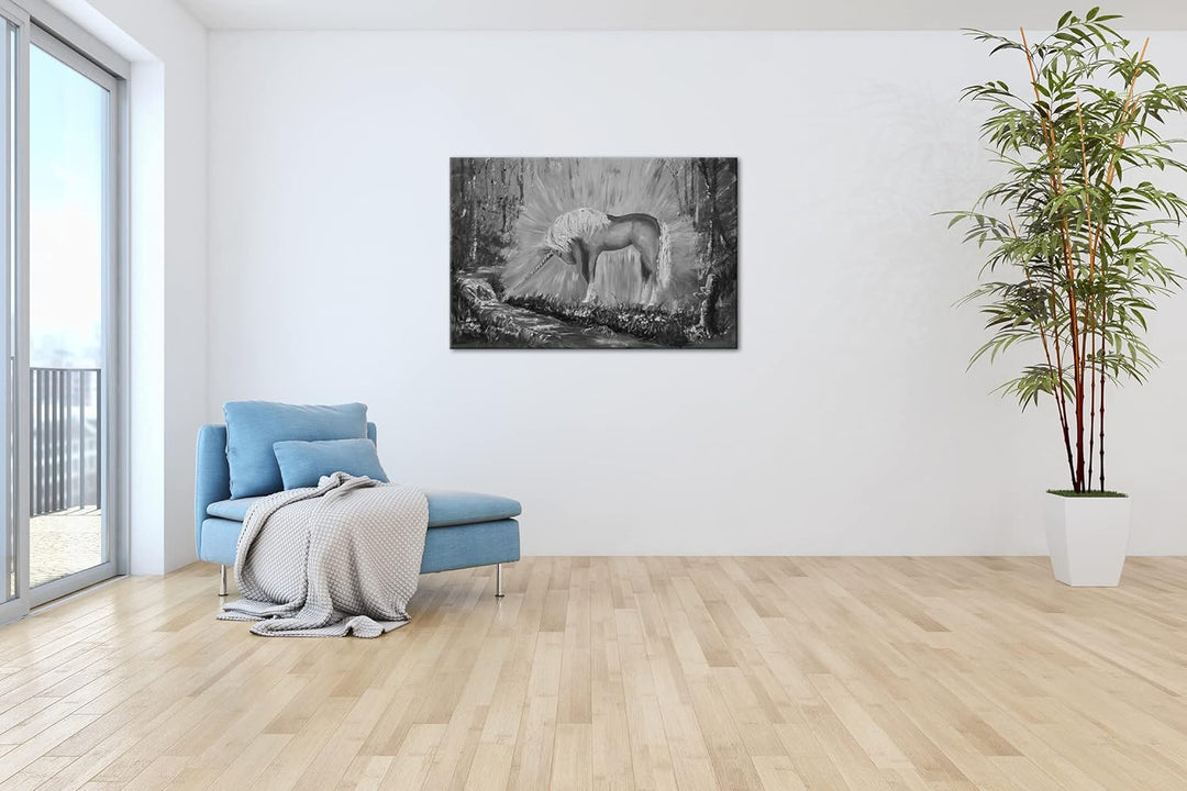 deyoli glänzendes Einhorn Format: 80x60 Effekt: Schwarz&Weiss als Leinwandbild, Motiv fertig gerahmt