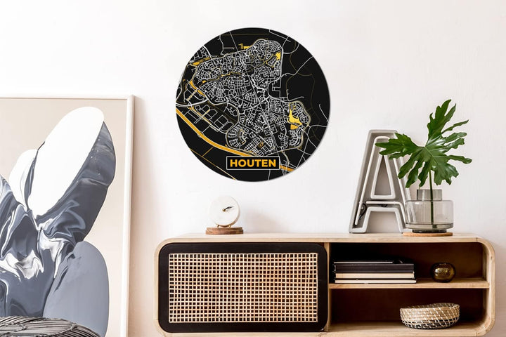 MuchoWow Wandbild Rund Wanddeko Deko Wohnzimmer Bilder 60x60 cm Houten - Schwarz und Gold - Stadtpla