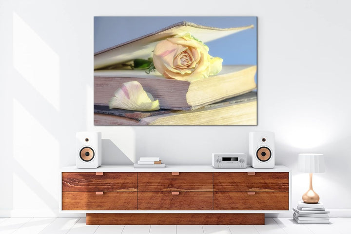 deyoli weisse Rose im Buch Format: 100x70 als Leinwand, Motiv fertig gerahmt auf Echtholzrahmen, Hoc