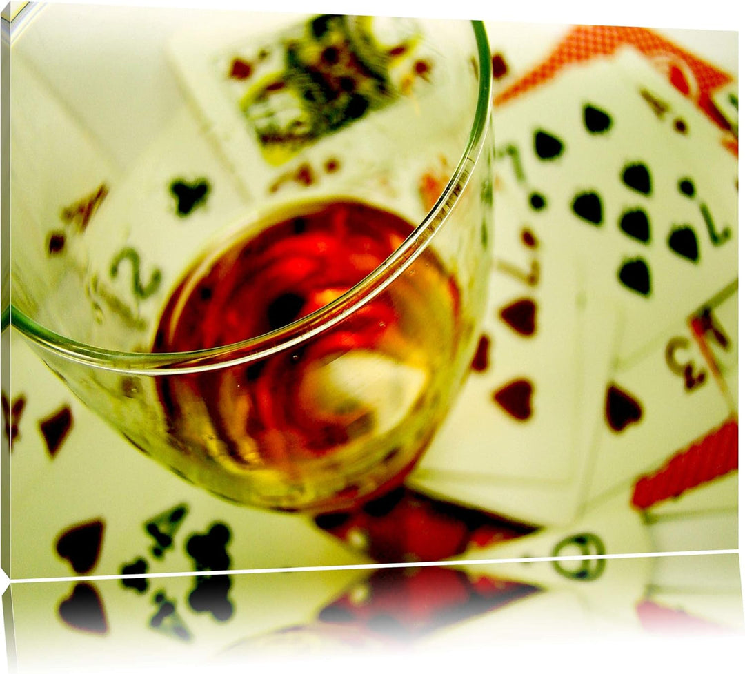 Pixxprint Glas Wein auf Spielkarten auf Leinwand, XXL riesige Bilder fertig gerahmt mit Keilrahmen,