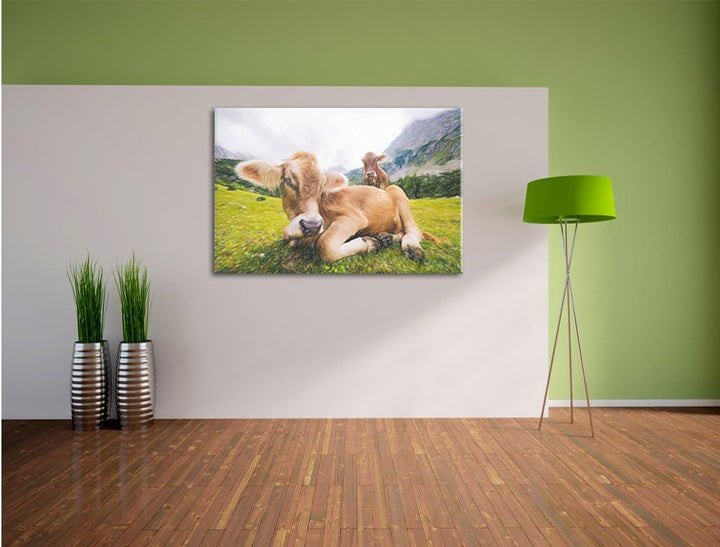 Pixxprint Almkuh in den Bergen / 100x70cm Leinwandbild bespannt auf Holzrahmen/Wandbild Kunstdruck D