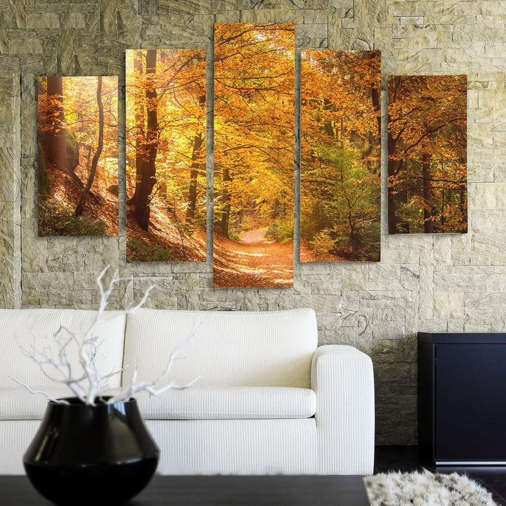 Bilder 5 Teilig Natur Deco Panel Kunst Herbst Wald Pfad Bäume orange 100x70 cm Deco panel 100x70 cm