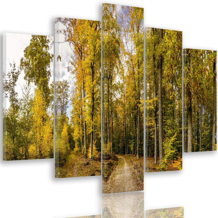 Feeby Leinwandbild Landschaft 5 TLG Bild Kunstdruck Wald Bäume Pfad Natur grün 100x70 cm Leinwandbil