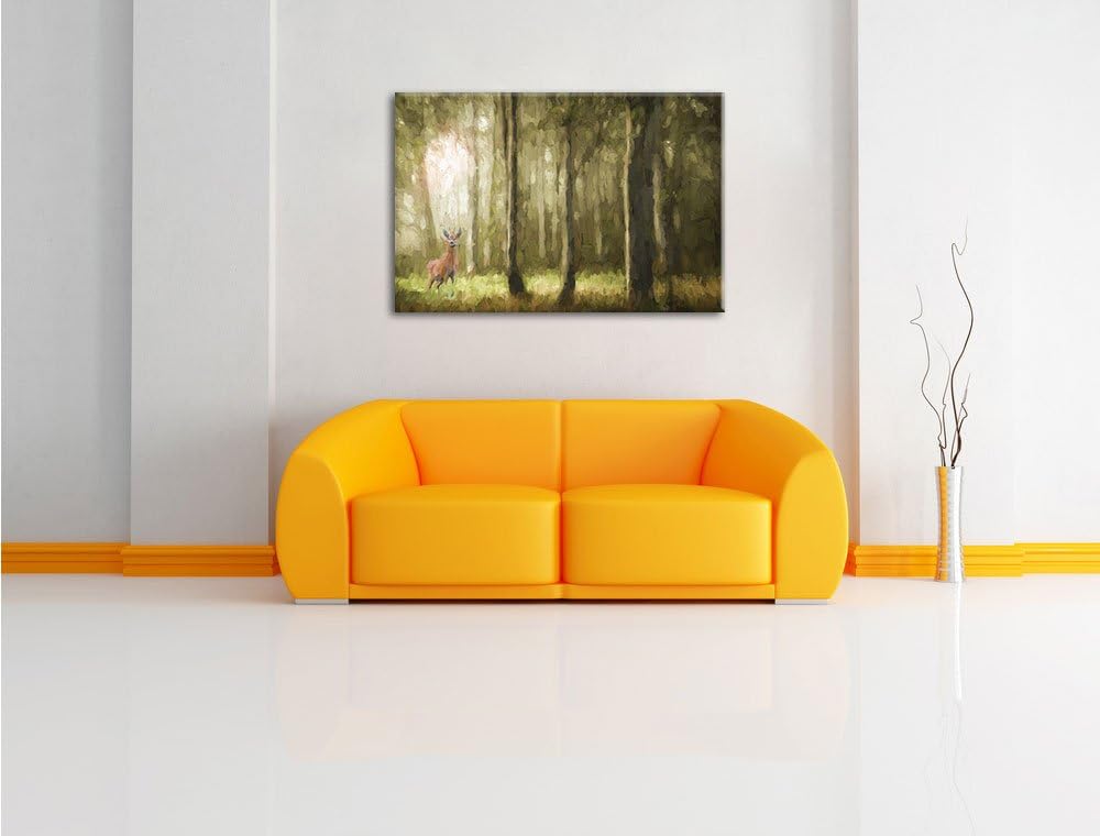 Pixxprint Einsamer Hirsch im tiefen Wald Kunst Pinsel Effekt, Format: 100x70 auf Leinwand, 100x70