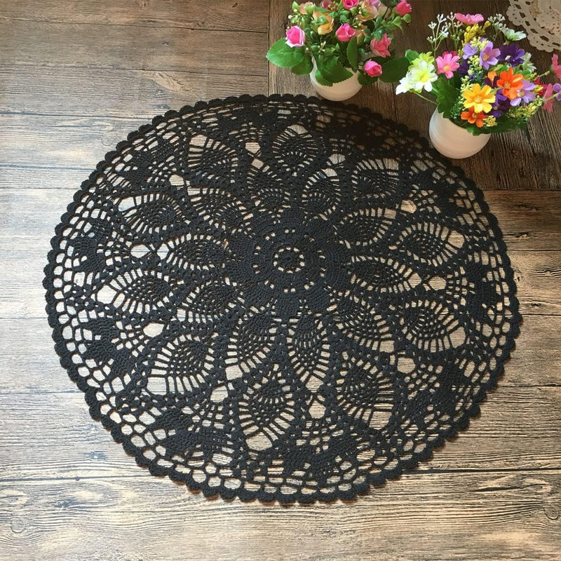 MINDPLUS Baumwolle Hand Häkeln Deckchen Spitze Gehäkelt Tischdecke Deckchen Tischset 60 cm Rund Schw