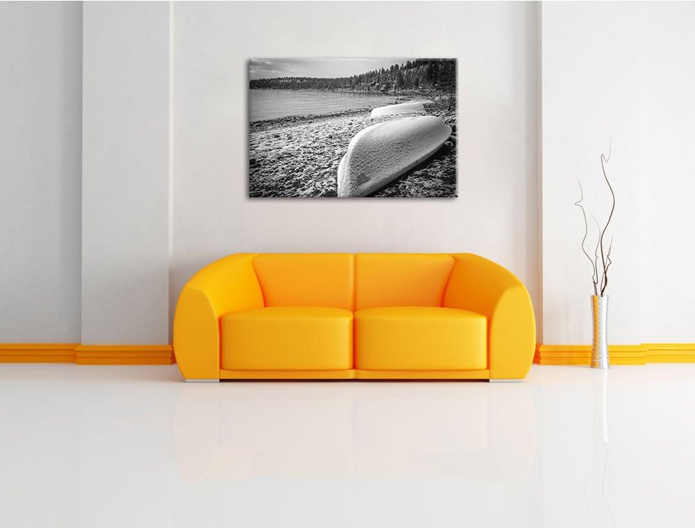 Boote im Winter am See schwarz/weiss Format: 100x70 auf Leinwand, XXL riesige Bilder fertig gerahmt