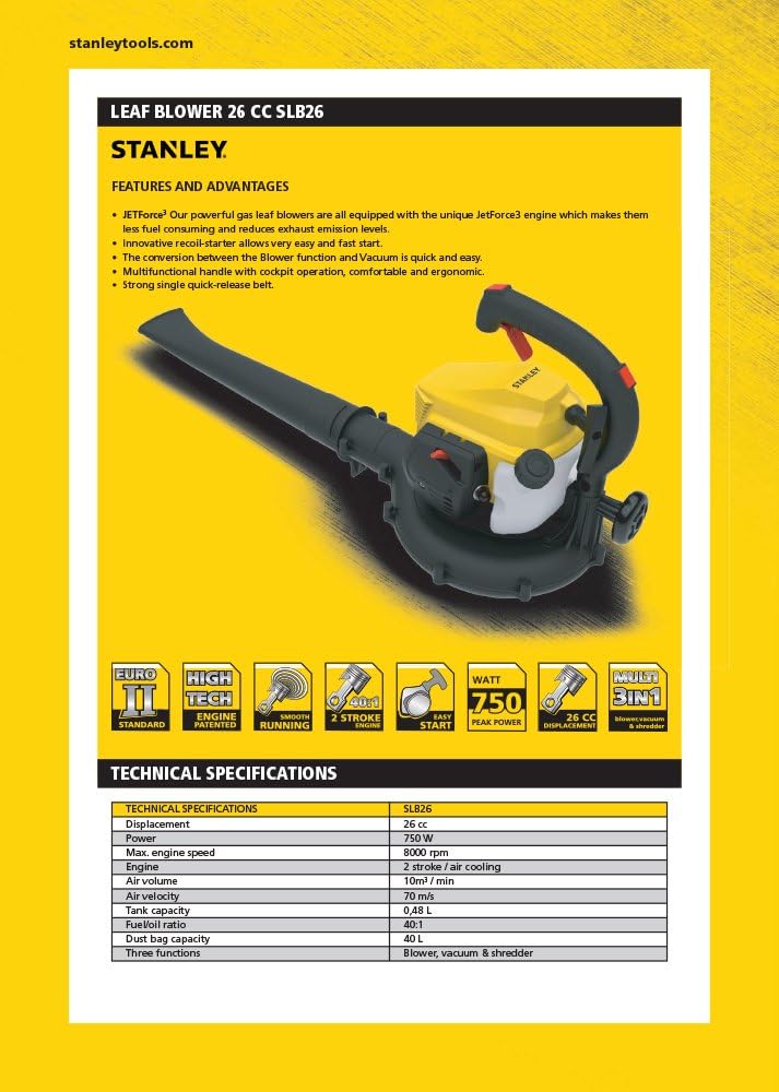 Stanley Benzin Laubbläser und Laubsauger, Gartensauger SLB- 3in1, 26 CC SLB-3IN1A Gelb