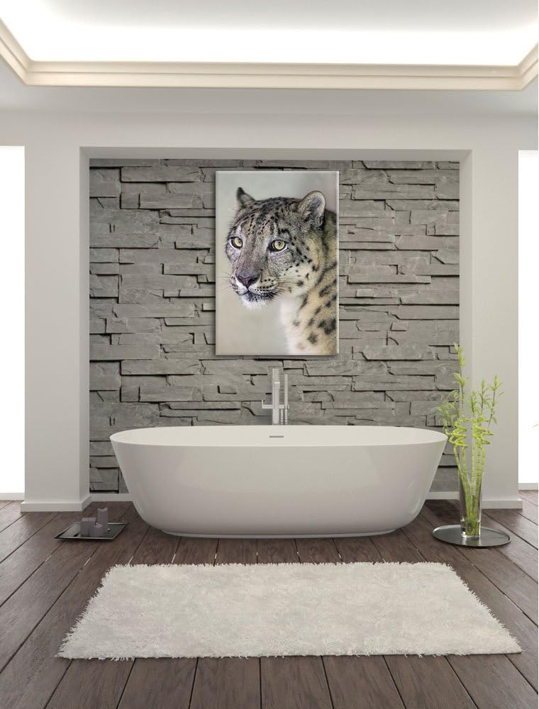 Pixxprint aufmerksamer Schneeleopard auf Leinwand, XXL riesige Bilder fertig gerahmt mit Keilrahmen,