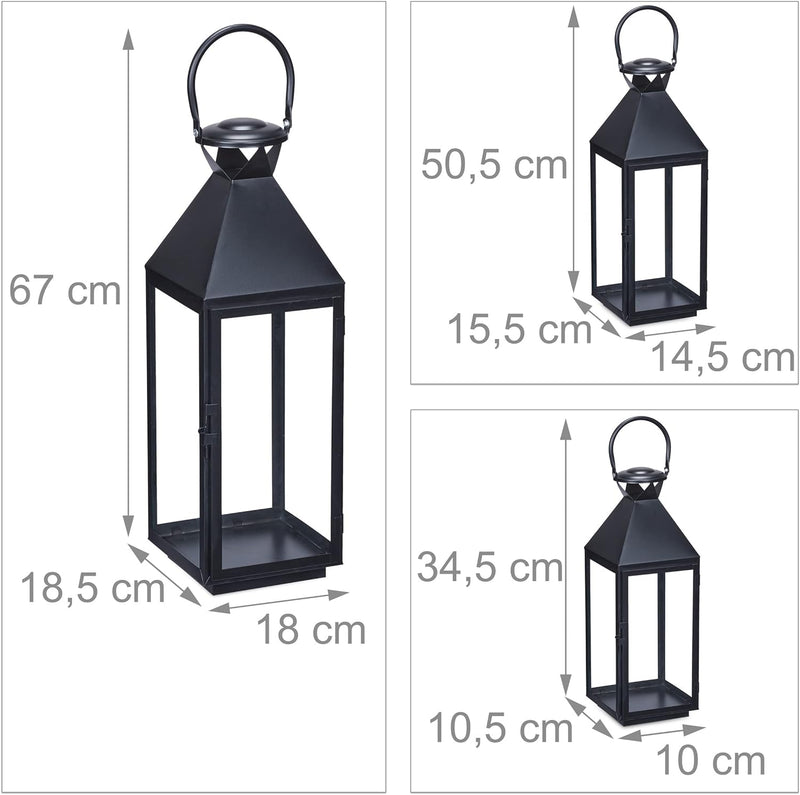 Relaxdays Laternen 3er Set, Dekolaternen für draussen & drinnen, 3 Grössen, Metall, Glas, Windlichte