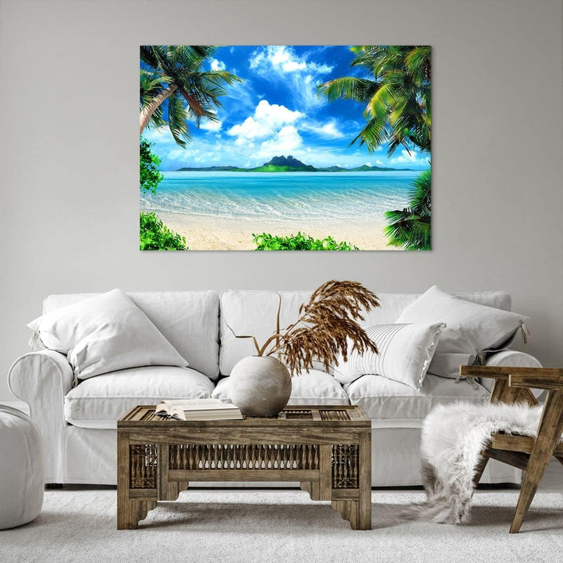 Bilder auf Leinwand 100x70cm Leinwandbild Strand Urlaub Insel Palme Gross Wanddeko Bild Schlafzimmer