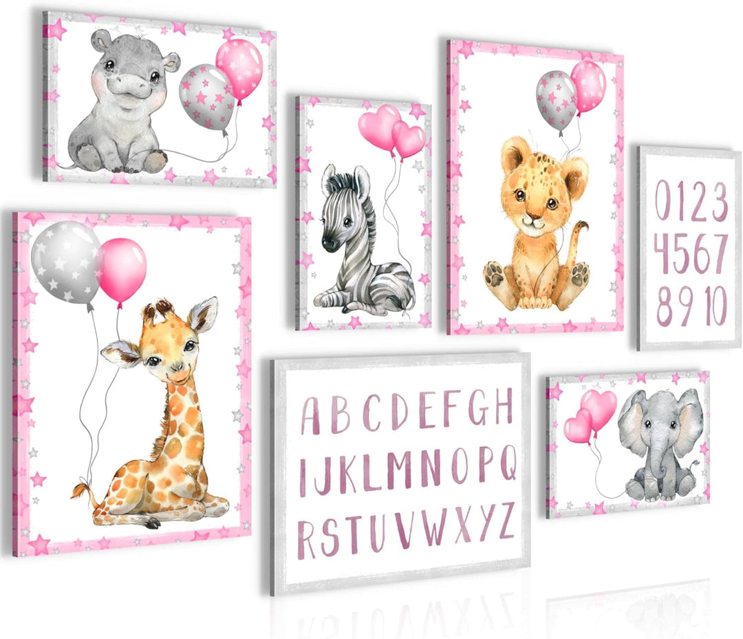 Novart Wandbilder Tiere - KOMPLETT AUFHÄNGFERTIG - Afrika Rosa Kinderzimmer Mädchen- 7 Moderne Mood-
